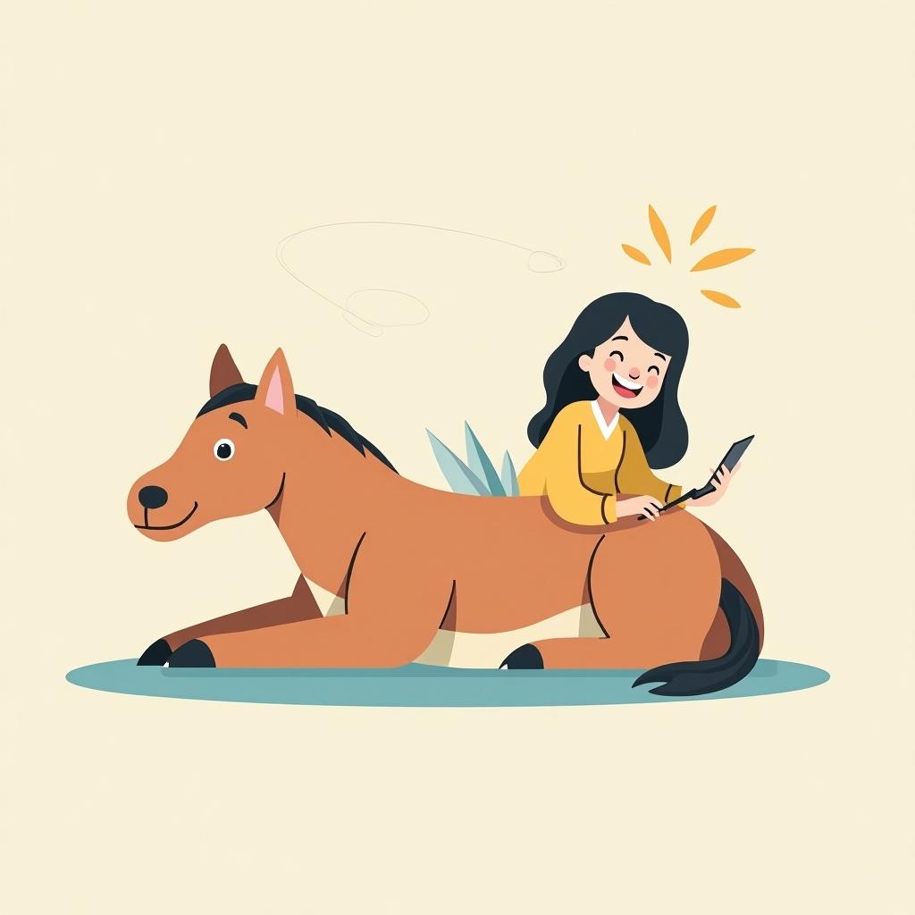 Flat illustration of a girl sitting on a horse writing with a pen. Horse is lying down and appears content. Soft colors and playful style.