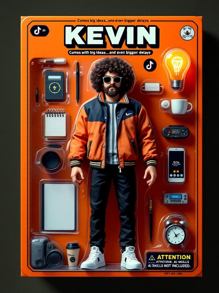 Humorous action figure packaging of a character named Kevin. Kevin is a startup guy with curly hair and a beard. He wears a retro 80s windbreaker with black pants. Packaging includes startup-themed accessories like a notebook, coffee cup, glowing lightbulb, alarm clock. Background is orange styled like a toy package. Bold text says 'KEVIN' with tagline 'Comes with big ideas... and even bigger delays.' Round warning label reads 'ATTENTION: AI SKILLS NOT INCLUDED.' Style is playful and satirical.