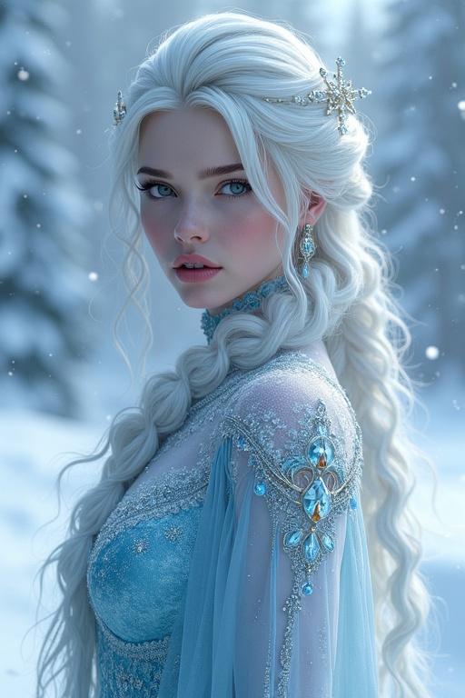 A realistic portrayal of a beautiful woman resembling an ice queen, set against a snowy backdrop.