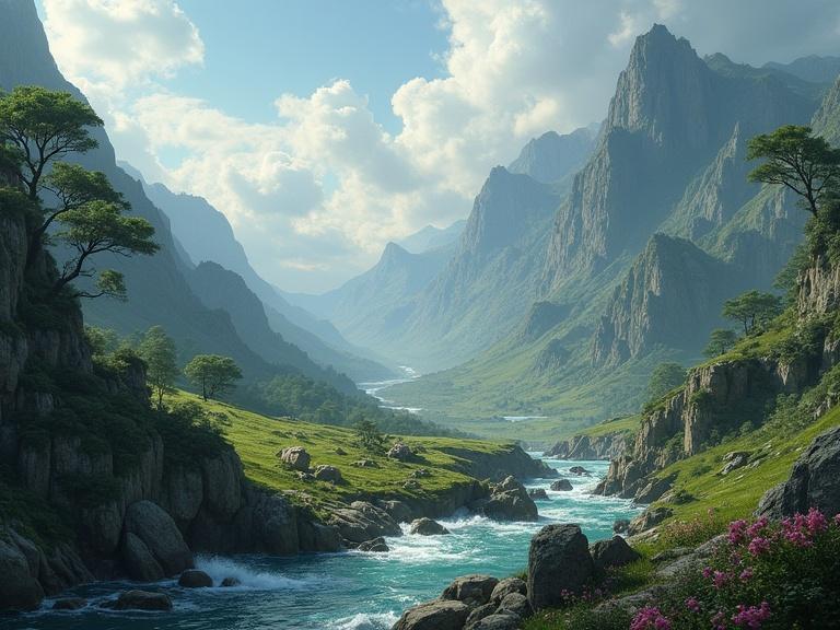 A fantasy landscape depicted realistically with majestic mountains and a winding river. Lush greenery lines the river, and flowers accent the rocky terrain. The sky is partly cloudy, creating a serene atmosphere.