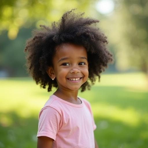 Portrait of a young girl with curly hair smiling in a park during sunny weather. She wears a light pink T-shirt. The background features trees and greenery.
