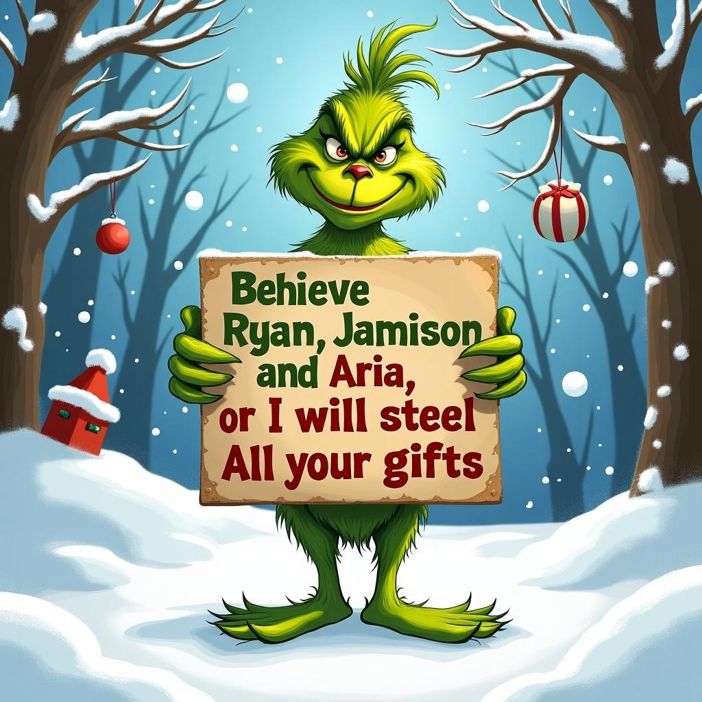 A cartoon Grinch character holding a sign. The sign contains a playful warning to behave. The scene is set in a snowy landscape with winter trees. Bright colors and cheerful holiday theme.