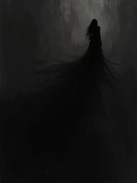 dark abstract illustration depicting a distorted eerie female silhouette at the top right. Her black shadow stretches behind her and fills the image. Black background with rough brush strokes and texture. extreme top down perspective.