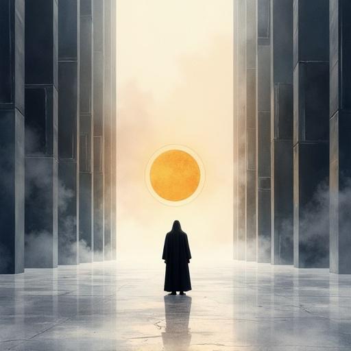 Luxurious and emotionally minimal watercolor painting with cloaked figure in grand plaza. Mist surrounds towering abstract pillars. Atmosphere blends deep indigo and soft charcoal with radiant geometric sun. Ground reflects faint marble veins. Composition uses precise wet-on-dry technique for sharp shapes and gradient bleeding for background. Subtle organic texture in pigment with gold foil.