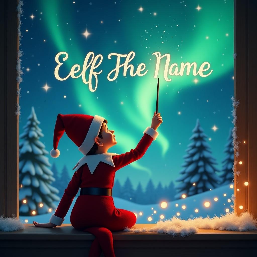 The artwork features an elf on the shelf positioned with its back to the viewer. This elf is clad in a red and white outfit, wearing a classic elf hat. It holds a wand, pointing it toward the sky to write a child's name in magical letters. The background displays a breathtaking winter landscape with snow-covered trees and an enchanting display of northern lights in various shades of green and blue. The scene is further enhanced by the warm glow of twinkling lights in the foreground, reminiscent of Christmas festivities. The elf is seen in a moment of wonder and joy, embodying the spirit of the holiday season.