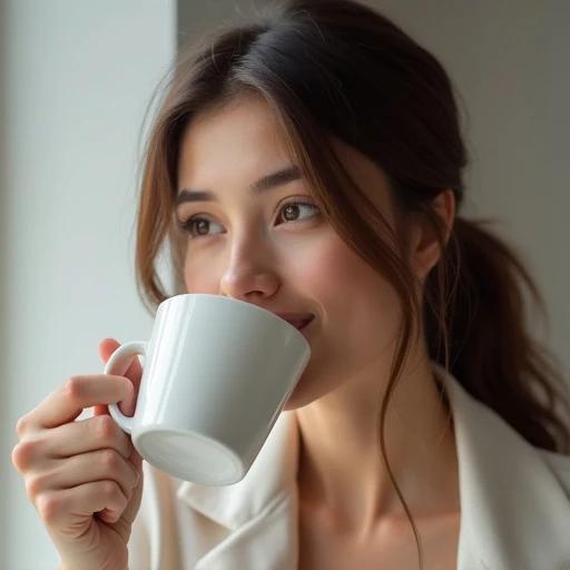 Attractive brunette woman holds white mug in right hand. She's in a relaxed setting. Image depicts a lifestyle moment with product mockup style.
