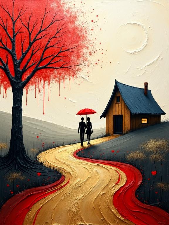 Abstract painting in impasto style. Textured brushstrokes create oil-on-canvas effect. Vivid red tree with bare black branches on left, dripping foliage. Creamy beige and gray background with layered textures. Surreal landscape with golden-yellow path. Rustic wooden cabin on right with dark blue roof. Couple in black and red under red umbrella. Dreamlike and whimsical feel.
