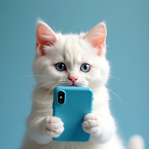 A white cat holds a blue smartphone resembling an iPhone. The cat has a curious expression. Light blue background enhances the scene.