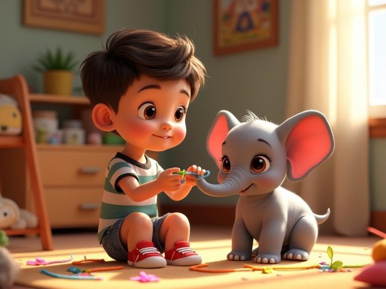 Inside a bedroom a 7-year-old boy plays with a baby elephant. The boy has short dark hair and big hazel eyes. He wears a striped shirt and denim shorts. The elephant calf is small with gray skin and pink accents. They are creating a colorful yarn bracelet together. The scene is playful and joyful, with bright lighting.