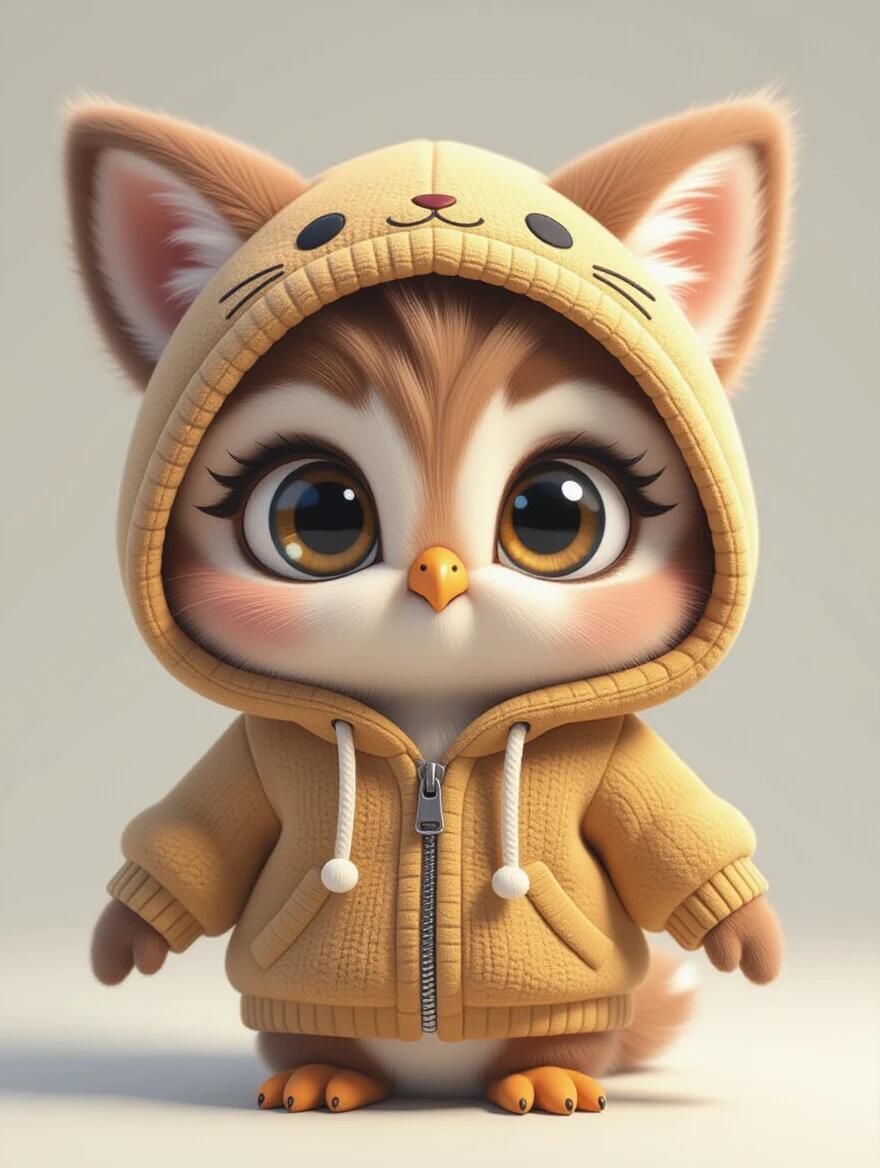 3D cartoon character design of a baby owl. Wearing a soft yellow hoodie with cute cat ears. Plush design features large anime-style eyes. Background is a seamless white studio setup with soft and inviting lighting.