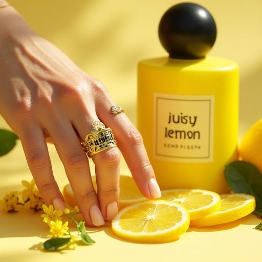 Close-up photograph of a model's hand with manicured nails and golden rings. Hand reaches toward lemon slices and a yellow perfume bottle with a black cap labeled 'juicy lemon'. Scene includes dried lemon leaves and citrus blossoms on a lemon-yellow background. Soft sunlight creates a cheerful ambiance.