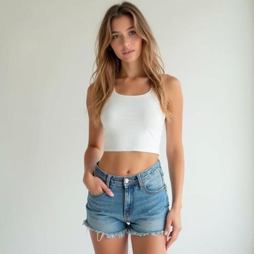 Photorealistic portrait of a girl wearing a white crop top and denim mini shorts. She poses confidently with one hand in her pocket. Soft natural light accents her features. Minimalistic background highlights her outfit.