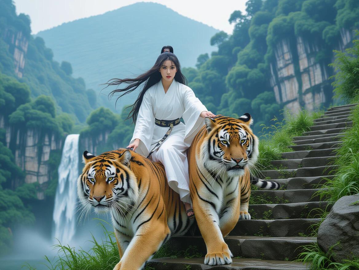A woman in white clothes rides two tigers on a staircase. Hair flowing. Setting features a mountain with a waterfall in the background. Concept envisioning an 80s action movie theme.