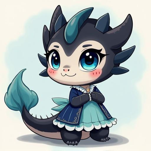 A cute dragon girl character is shown. She has a black dragon face and blue eyes. Her body is furry with dragon features. Dressed in an elegant dress with frills. She stands in a playful pose, smiling at the viewer.