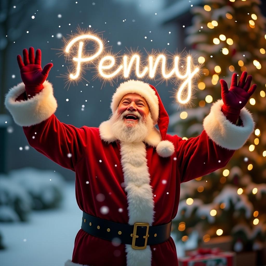 Cheerful Santa Claus celebrating in snowy winter setting wearing red suit and hat. Santa raises arms in excitement writing name 'Penny' in sparkling lights. Backdrop has decorated Christmas tree and falling snow. Warm festive atmosphere spreading holiday cheer.