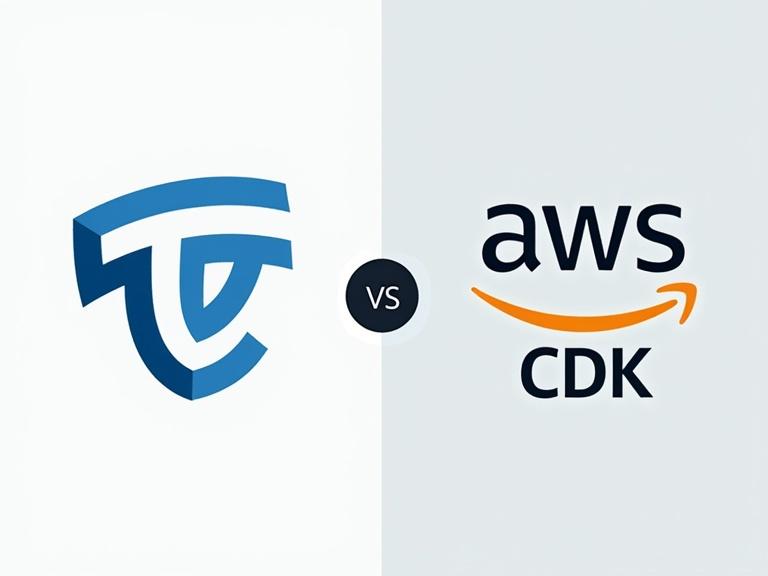 Illustration of Terraform logo and AWS CDK logo side by side. Logos represent Infrastructure as Code tools, suitable for LinkedIn posting.