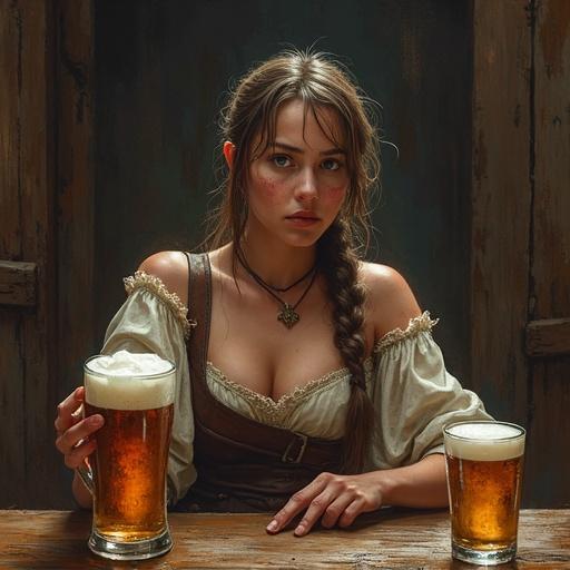 Sporty fit young lady in medieval peasant dress drinking beer in a tavern. She looks drunk with flushed face and braided hair. 4 empty beer glasses on the table. She seems dizzy, leaning on the table, watching the noble landlord with glazed eyes.