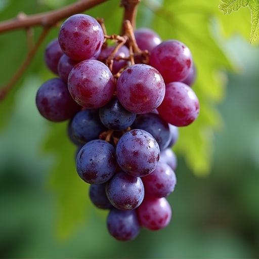 A bunch of shiny wet purple grapes hanging from a tree. Full view of the grapes. The grapes have a glossy appearance and are clustered together.