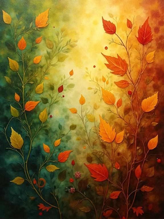 An abstract scene of swirling leaves. Glazing creates the effect of light passing through layers of color. Colors range from greens to yellows and browns to reds. Depth and movement emphasized. Inspired by classical oil painting schemes. Balanced proportions and harmonious arrangement are present.