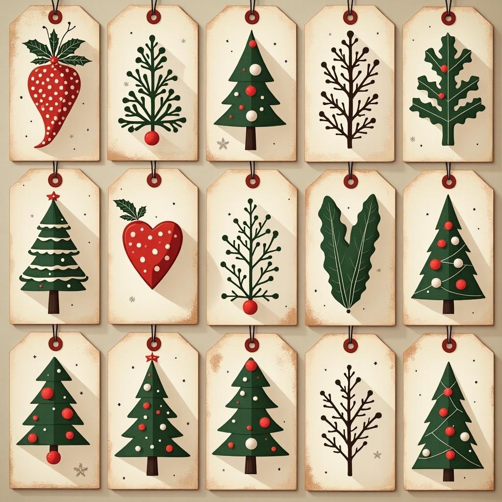 Create 20 vintage Christmas tags featuring various designs such as trees, holly, and festive patterns. Each tag should have a unique charming look reminiscent of retro holiday styles.