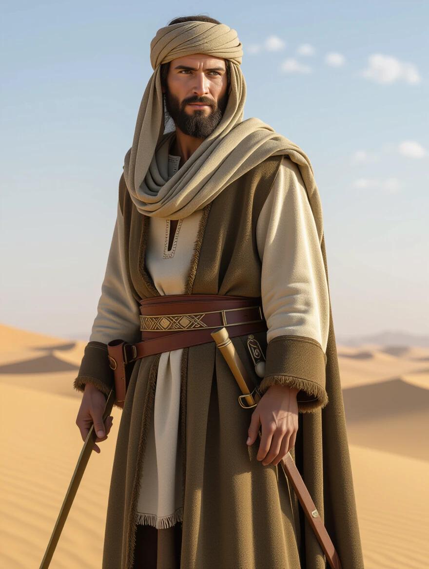 Young biblical character in the desert wearing traditional ancient attire. The character stands confidently with accessories that symbolize his status. Background features soft sand dunes under a clear sky. The scene reflects warmth and historical significance.