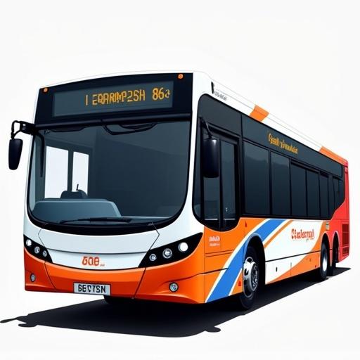 Vector illustration of a Stagecoach Merseyside bus. Bus has a white base livery with orange, red, and blue swoops. Destination board shows '86C Hope University'.