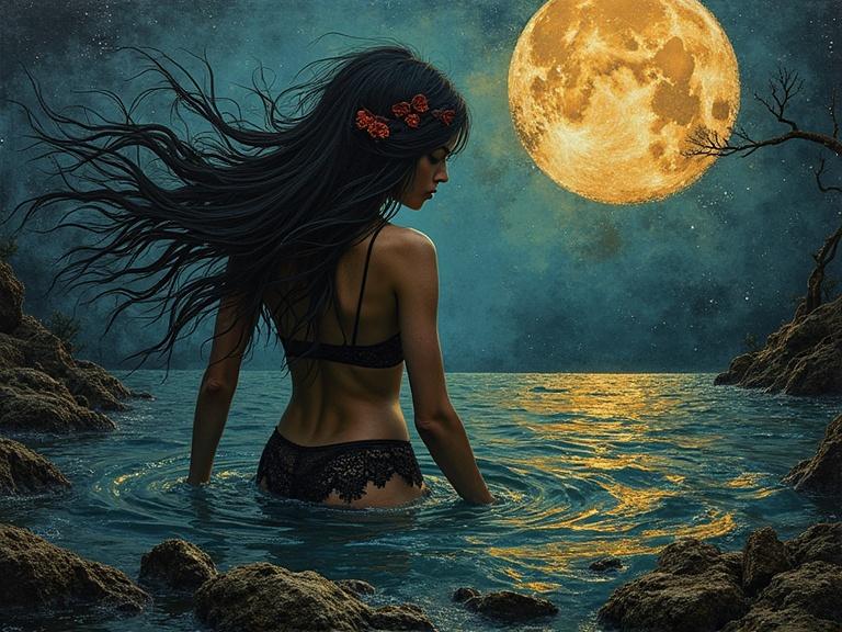 Artistic representation of a woman in a string bikini standing in water at night. Hair flows in the breeze. Full moon illuminates the scene. Textured elements suggest depth and mystery.