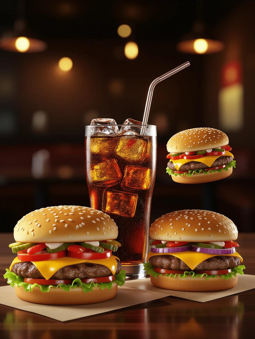 A realistic food advertisement poster with two burgers and a glass of soda. One large burger in the front-left showing sesame seed bun, beef patty, melted cheese, red peppers, lettuce, and onions. A smaller floating burger on the right side. A glass of soda with ice cubes in the center. Blurred restaurant background with warm tones. Floating chili peppers and glowing particles. Bold commercial text at the top: 'Delicious BURGERS' and 'Today Best Deal'. A sticker on the right saying: 'Get Up To 25% Discount'. Phone number and website placeholder at bottom-left, 'ORDER NOW' button at bottom-right. Social media icons in the top-right and a logo placeholder in the top-left.