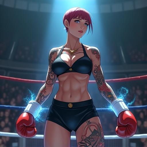 Action-packed shot of Rina 'The Crimson Comet' Volkov, athletic boxer, dynamic mid-motion pose, underground arena setting, fierce expression, vibrant tattoos, flashy boxing attire, intense atmosphere