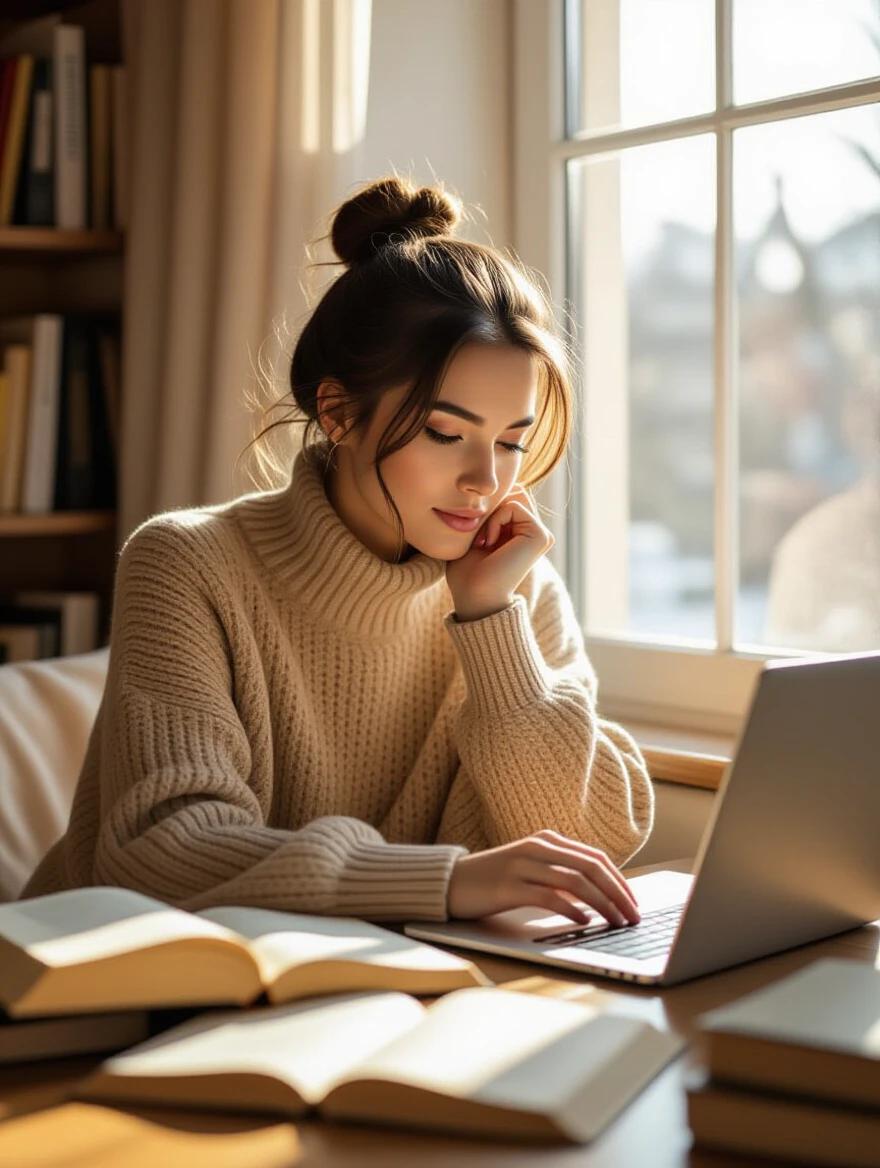 Person reading with focused expression natural lighting from window books and laptop visible comfortable learning environment photorealistic warm color palette inspirational mood