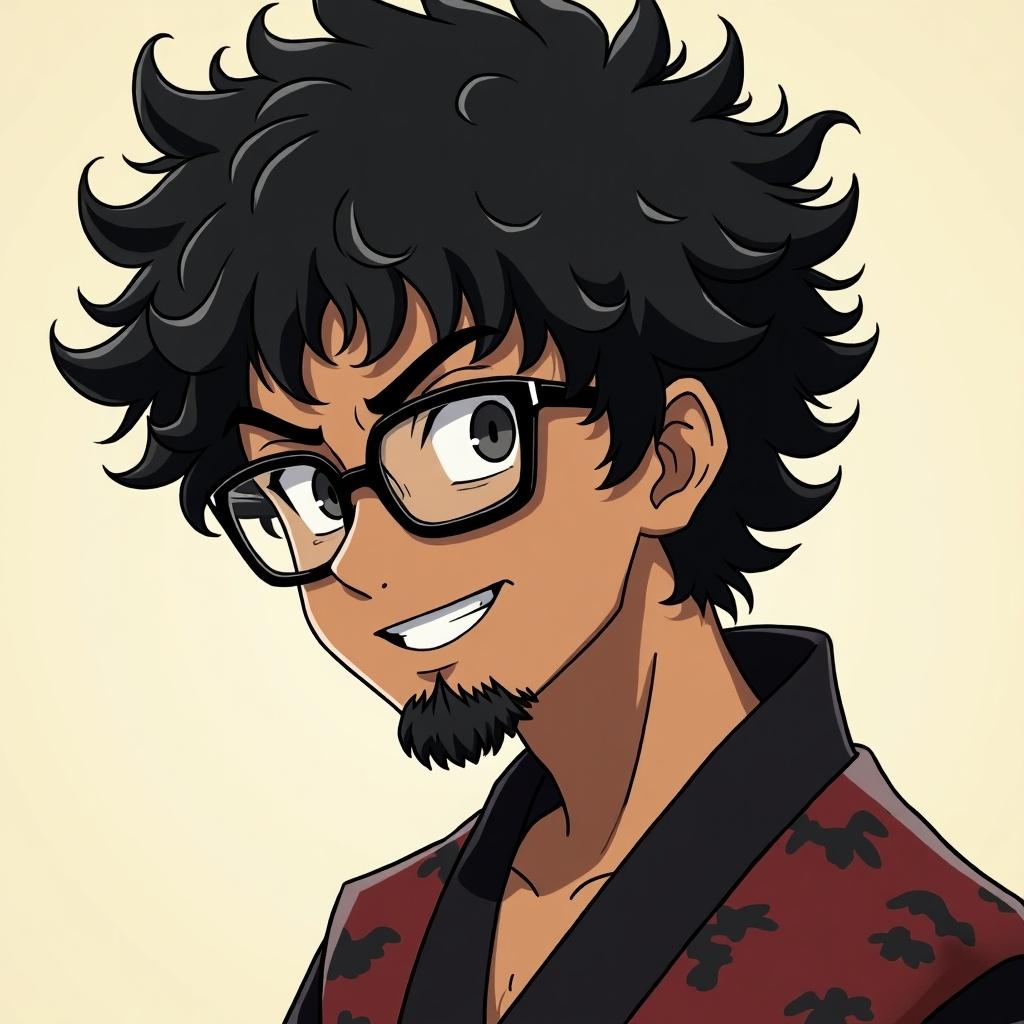 Anime style artwork features a youthful male Samurai character. Character has brown skin and very curly black hair. Character is illustrated wearing a traditional outfit with a stunning smile.