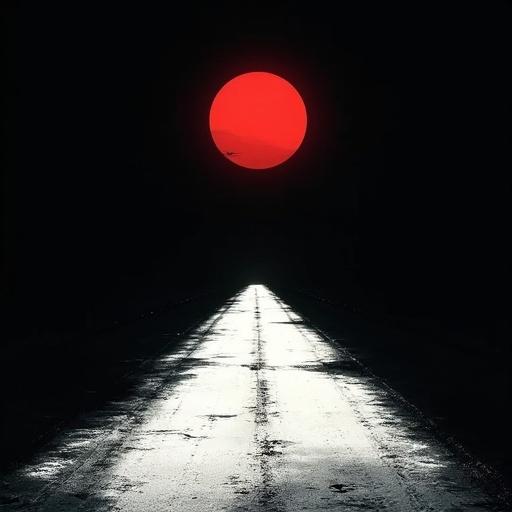 Eerie minimalistic scene featuring a long white road under a bright red sun setting against a black background. The atmosphere is unsettling and evokes a sense of dread.