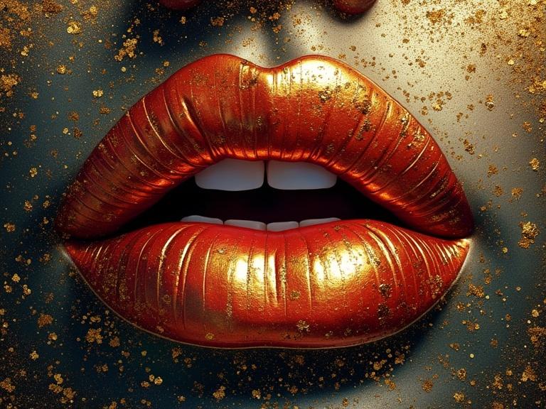 Close-up of glossy lips with a gold and orange iridescent finish. Lips surrounded by sparkling gold particles. The background is a deep black with a hint of sheen. The artwork reflects Art Deco style and Klimt's influence.