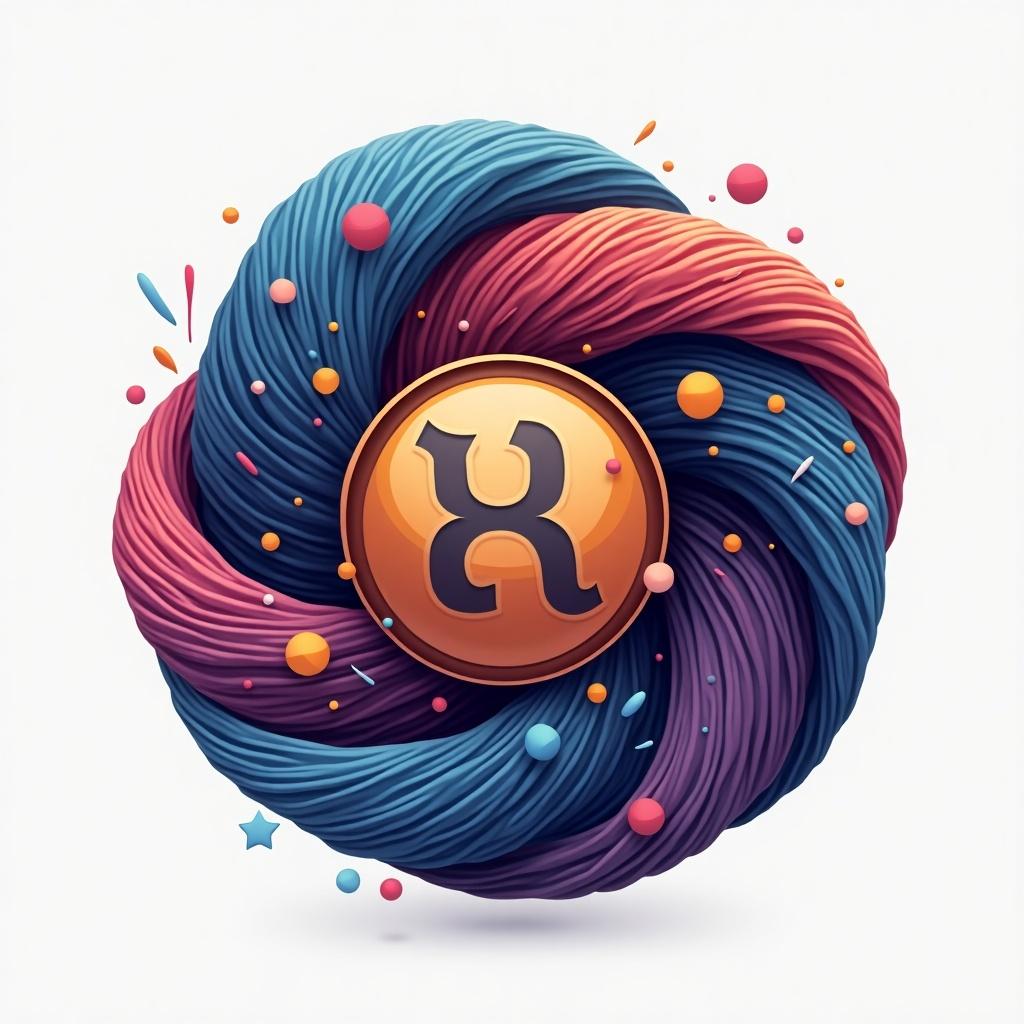 Logo design featuring colorful yarn in a swirl shape with a central emblem. Represents a rug pull token in the cryptocurrency space. Bright and engaging colors used in the design.