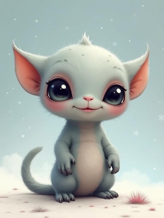 A cute alien creature stands happily. It is the size of a 3-year-old child. Gray heavy fur resembles the moon's surface. Two small ears on its head. A small fluffy tail. Big wide innocent eyes. Round face. Friendly and curious expression. Full body illustration in soft colors. Cartoon style, suitable for children's books.