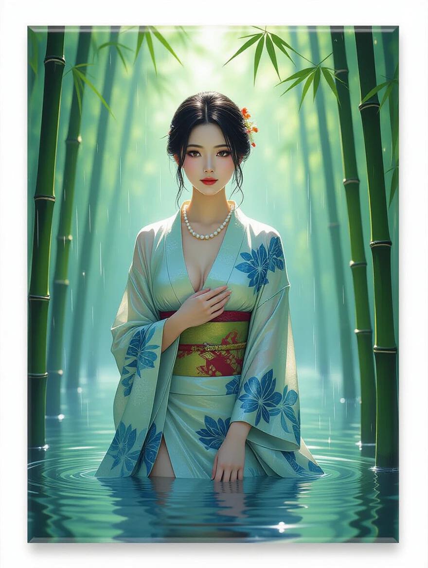 A woman emerges from bamboo forest her robe is soaking wet she stands in water delicate hair frames her face she wears an ornate necklace light shines through mist