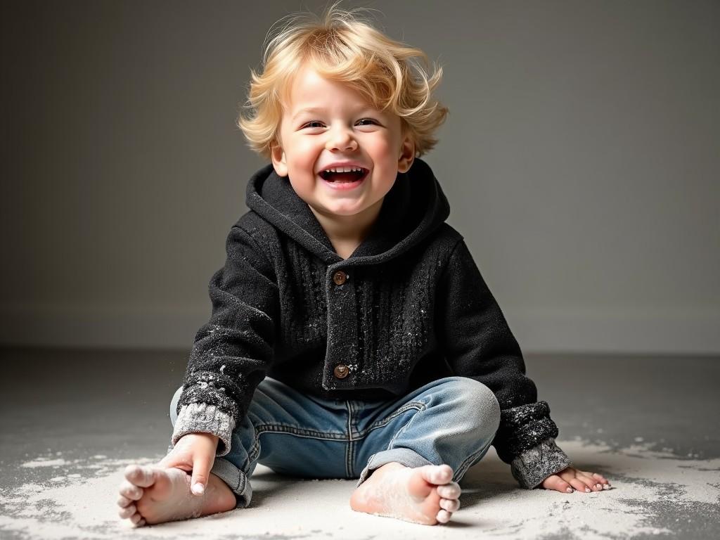 The image features a joyful toddler sitting on the ground, beaming with a wide smile. The child has tousled blonde hair and is wearing a black sweater over a gray shirt and light blue jeans. The floor has a light dusting of fine material, enhancing the playful, carefree atmosphere. The lighting is soft and warm, highlighting the child's happy expression. This scene captures the essence of childhood joy and innocence.