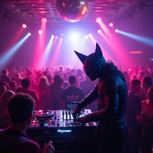 Wolverine DJ using Pioneer CDJ Nexus 3000 inside a crowded nightclub. Shiny disco ball above, surrounded by huge speakers. Colorful LED RGB spotlight illuminating the scene.