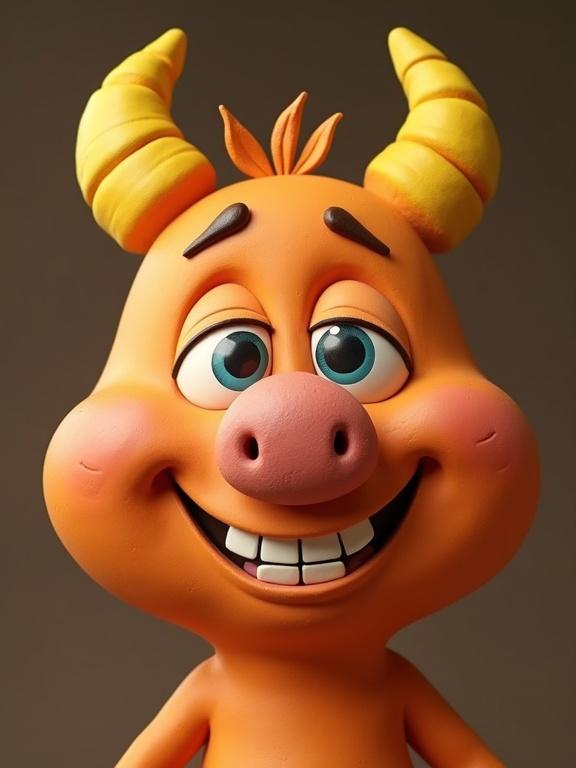 A vintage cartoon character with a rounded face. Character features a pork nose and 40s era cartoon style eyes. Two yellow rounded horns are situated on top of the head. Character has a big smile and orange skin created with realistic clay.