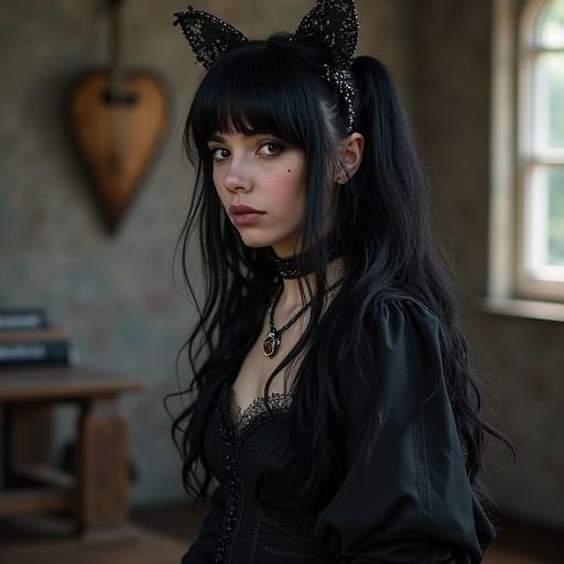 Girl with long black hair wearing gothic attire. Cat ears on head. Indoor setting with warm lighting. Focus on facial features and dark fashion style.