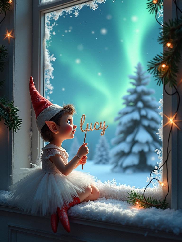 A cheerful girl elf sits by a window in winter. She gazes at the northern lights in the sky. She holds a wand with the name Lucy. Excited expression on her face. The window ledge has snow and holiday decorations. Snow-covered trees create a magical atmosphere. Captures anticipation of Christmas and enchantment of winter. The elf wears a white tutu.