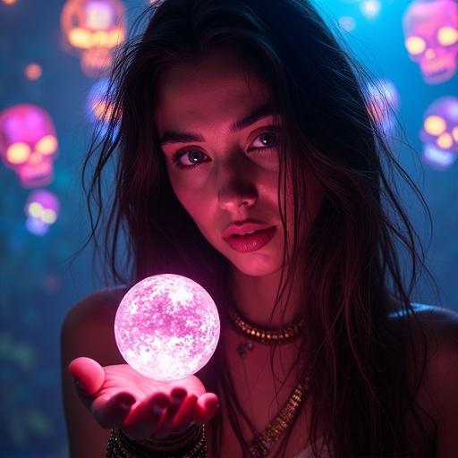 A meta-dimensional optical illusion dive bar filled with psychedelic visuals. Features glow-in-the-dark elements. A beautiful hippy female interacts with a glowing orb. Background includes vibrant murals and floating skulls. Atmosphere is surreal and mesmerizing.