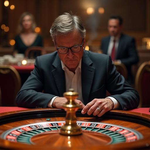 Scene in a casino with a man focused at a roulette table. Players around him in a luxurious setting. Soft lighting and elegant decor.