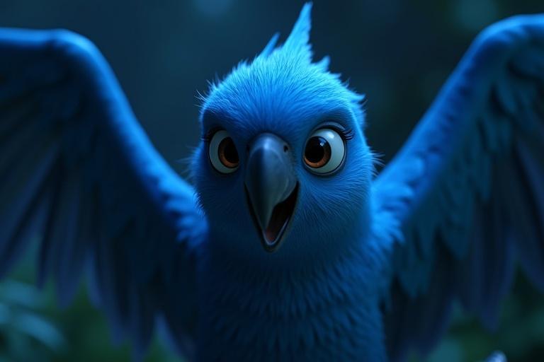 A blue parrot with big eyes and a fading smile trapped in a net. Highly detailed feathers on wings and tail. Cinematic nighttime setting. Vibrant blues and shadows in a Sundarbans environment.