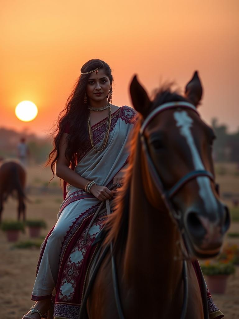 A woman dressed in traditional attire rides a horse against the backdrop of a stunning sunset. Her sari with intricate designs complements the warm hues of the setting sun. The horse is in the foreground, creating a dynamic composition that highlights both the rider and the scenic environment.