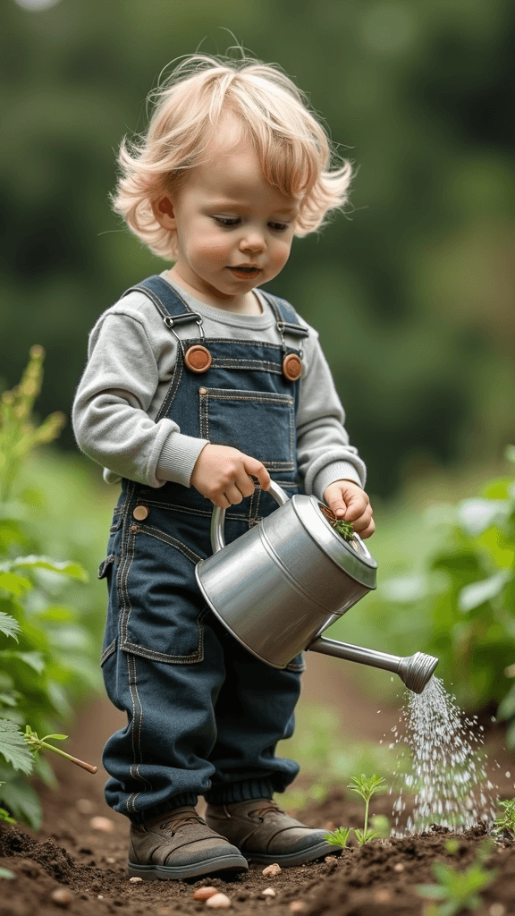 A young child waters plants with a silver watering can in a garden.