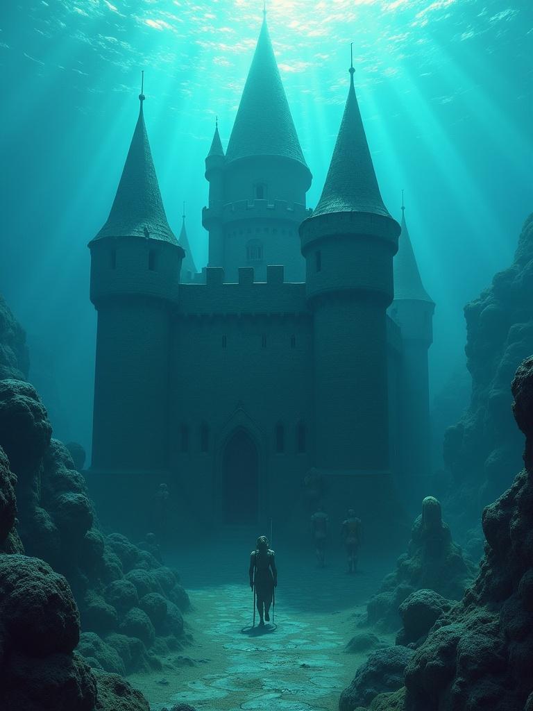 An underwater castle rises from the ocean floor. Turrets tower high. Merman soldiers stand guard. Soft light illuminates the scene from above. The ambiance is mysterious and serene.