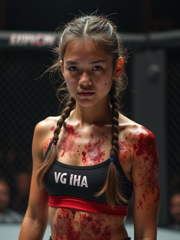 Young female Thai fighter in MMA arena with cornrows. Heavy bloody bruises on body. Intense expression.