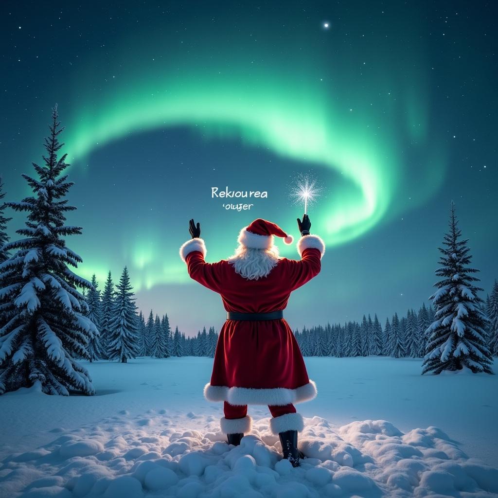 Santa Claus stands in snowy landscape. He faces sky and writes in air with wand. Northern lights glow above clear night sky. Snow-covered trees enhance magical feel. Atmosphere is filled with holiday cheer and enchantment.