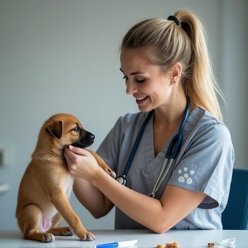 A veterinarian examining a puppy. A woman holds a puppy gently while checking its paw. She has blonde hair in a ponytail and wears scrubs with a paw-print pattern. A stethoscope is around her neck. A scratch on her wrist shows her experience. The puppy licks her hand. The exam table is blurred with treats and a thermometer. The vibe is warm and compassionate. She has natural makeup.